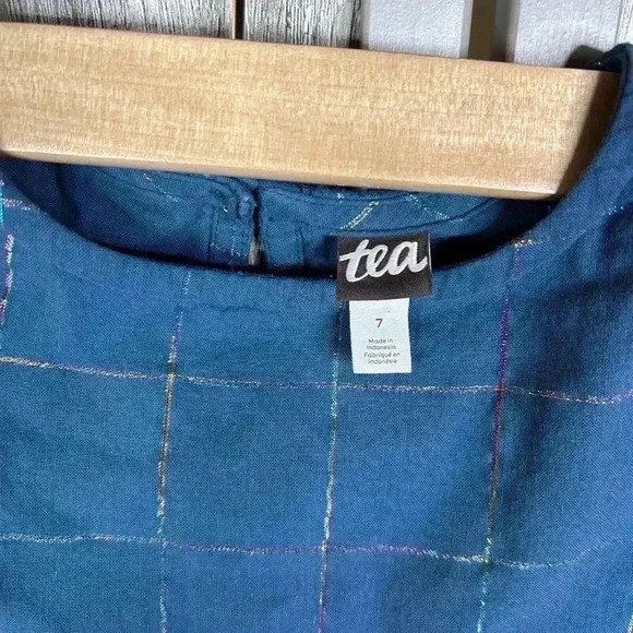 Tea Girls Dress Sz 7 Ruffle Blue with Metallic Thread Flutter Sleeve Cotton - Picture 4 of 8